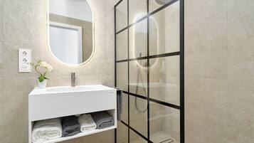 Shower, hair dryer, towels