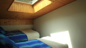 A bedroom with a sloped ceiling, a skylight, and two beds with striped bedding. - Apartment Myrtilles for 6 People (Chatel)