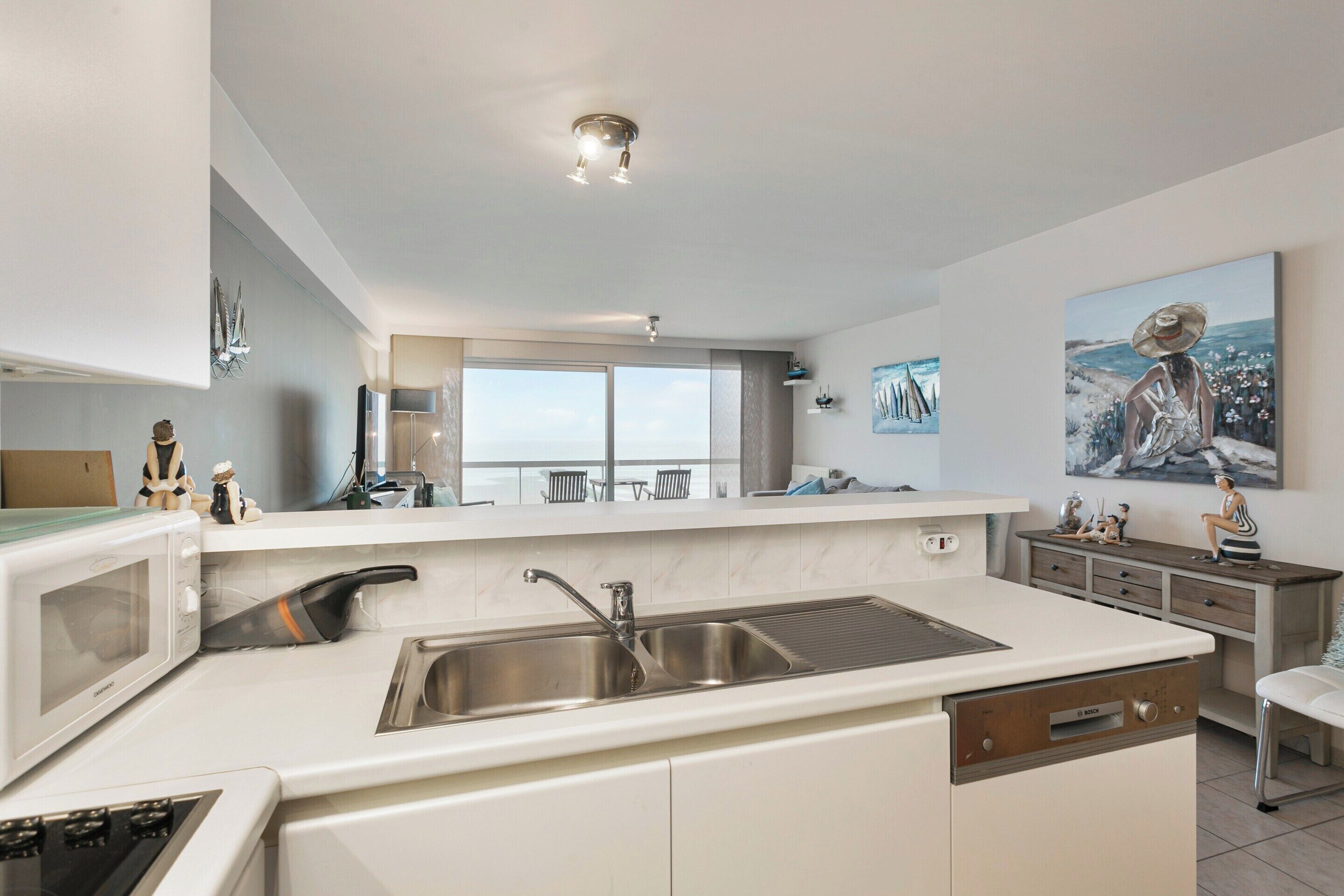 A modern kitchen with a built-in dishwasher, stainless steel sink, and a large window offering a view of the city.