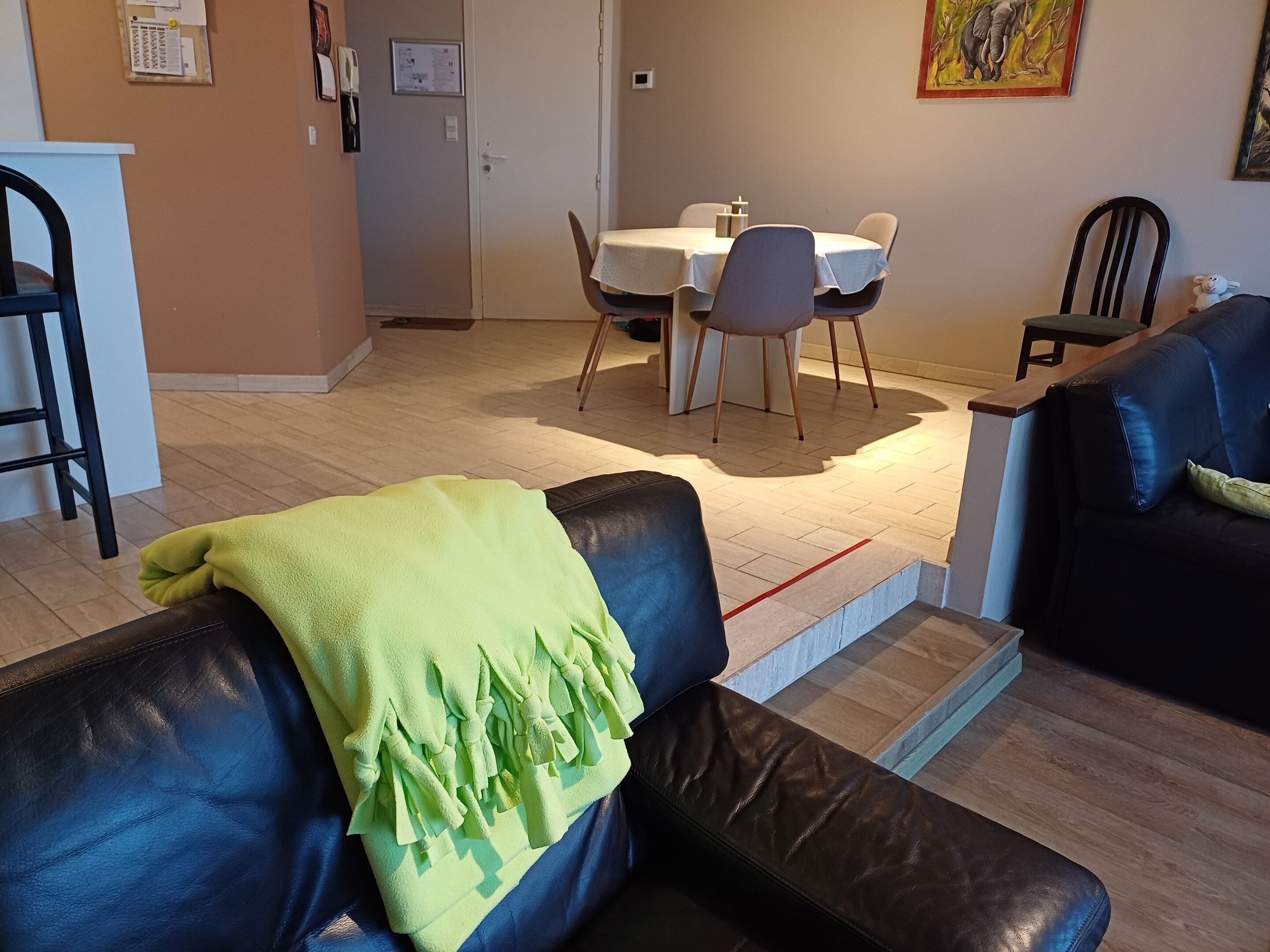 A living room with a leather sofa, a dining area with a table and chairs, and a kitchen area with a fridge and cabinets.