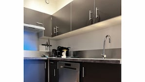 Une cuisine moderne avec des meubles de couleur sombre, des appareils en acier inoxydable et un seul évier.