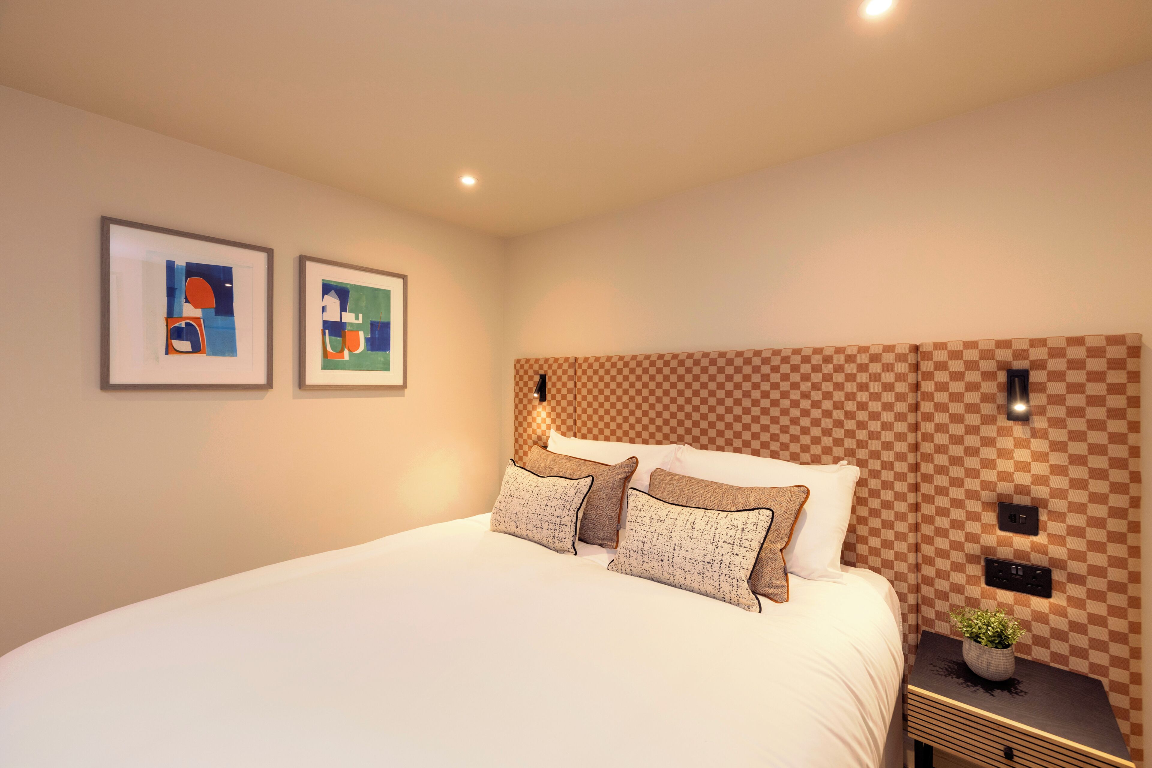 Een opgemaakt bed met kussens, een nachtkastje met een plant, en twee ingelijste kunstwerken aan de muur.