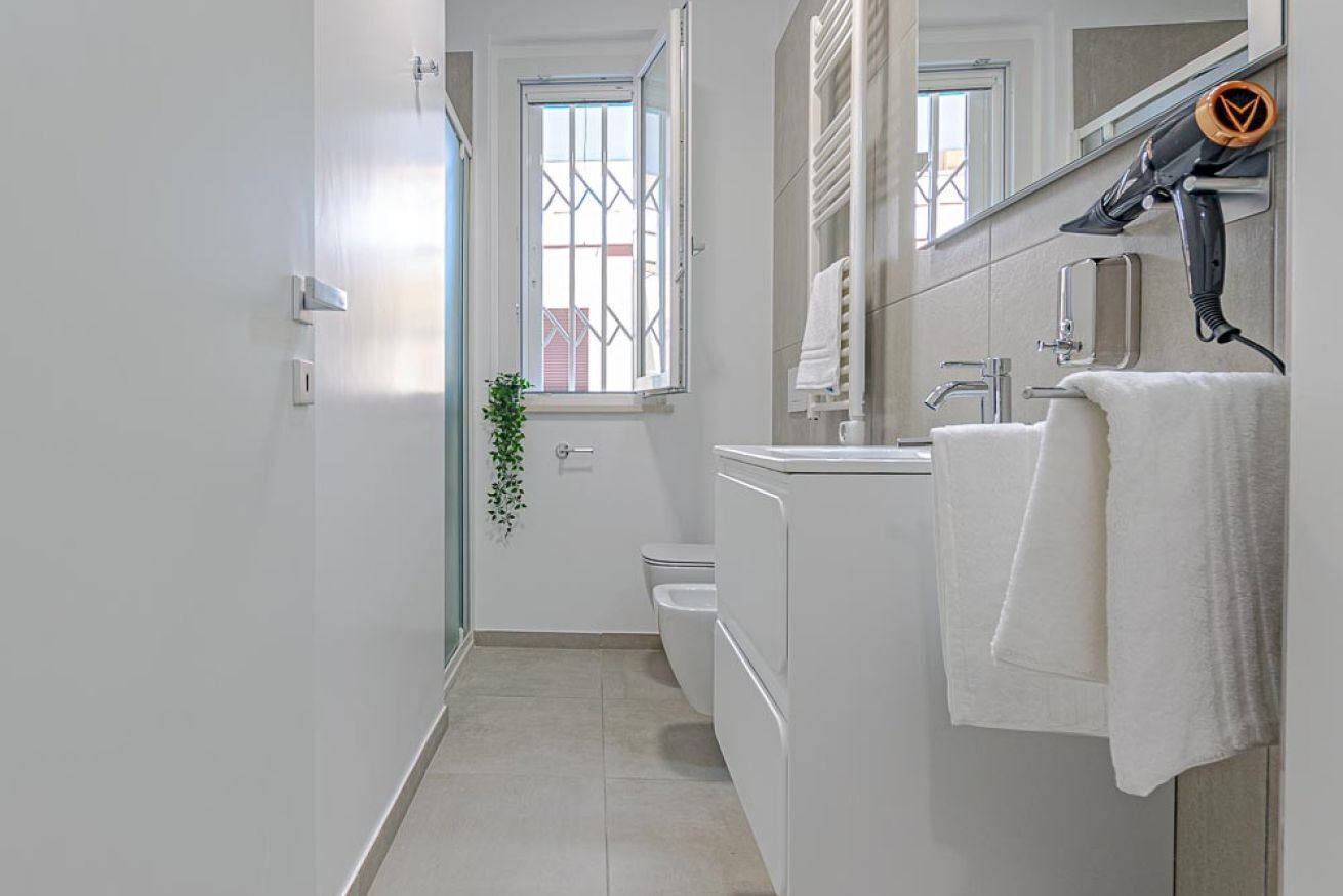 Shower, bidet, towels, toilet paper