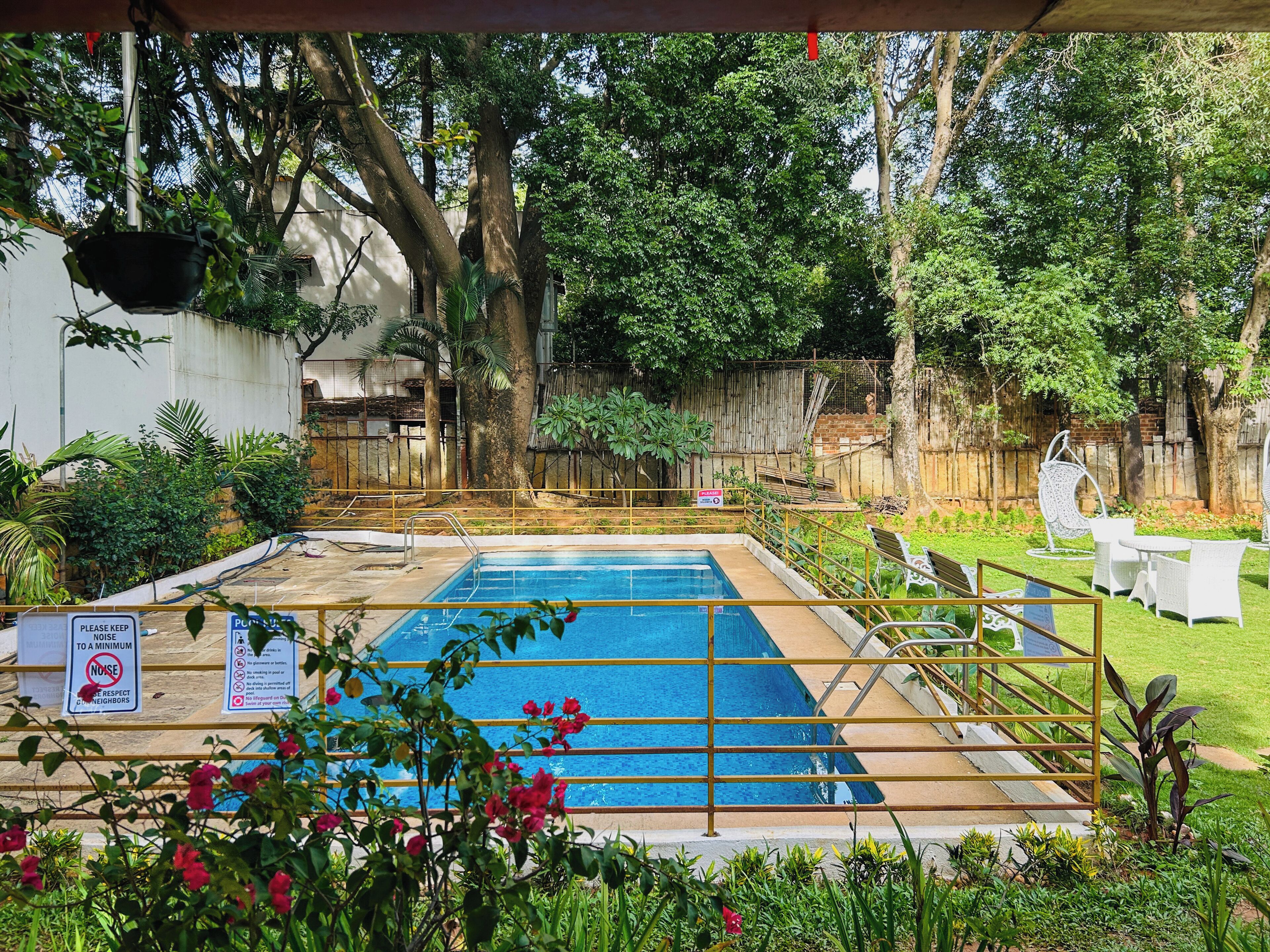 A swimming pool with a metal safety fence, surrounded by greenery and a wooden fence.