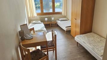 A small, tidy room with a wooden table, two beds, a radiator, and a window with a view of a lake.