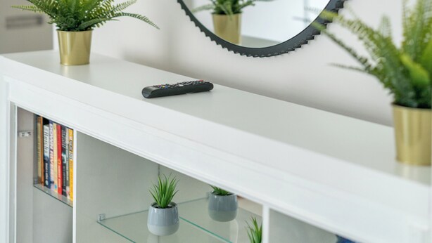 Une étagère blanche avec un miroir noir, deux plantes en pot et une télécommande.