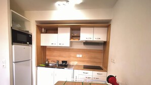 A compact kitchen with a microwave, refrigerator, sink, and wooden cabinets. - Créteil, comfortable apartment 700m from the metro. Private parking lot (Créteil)