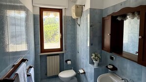 Un bany amb vàter, rentapel i finestra.