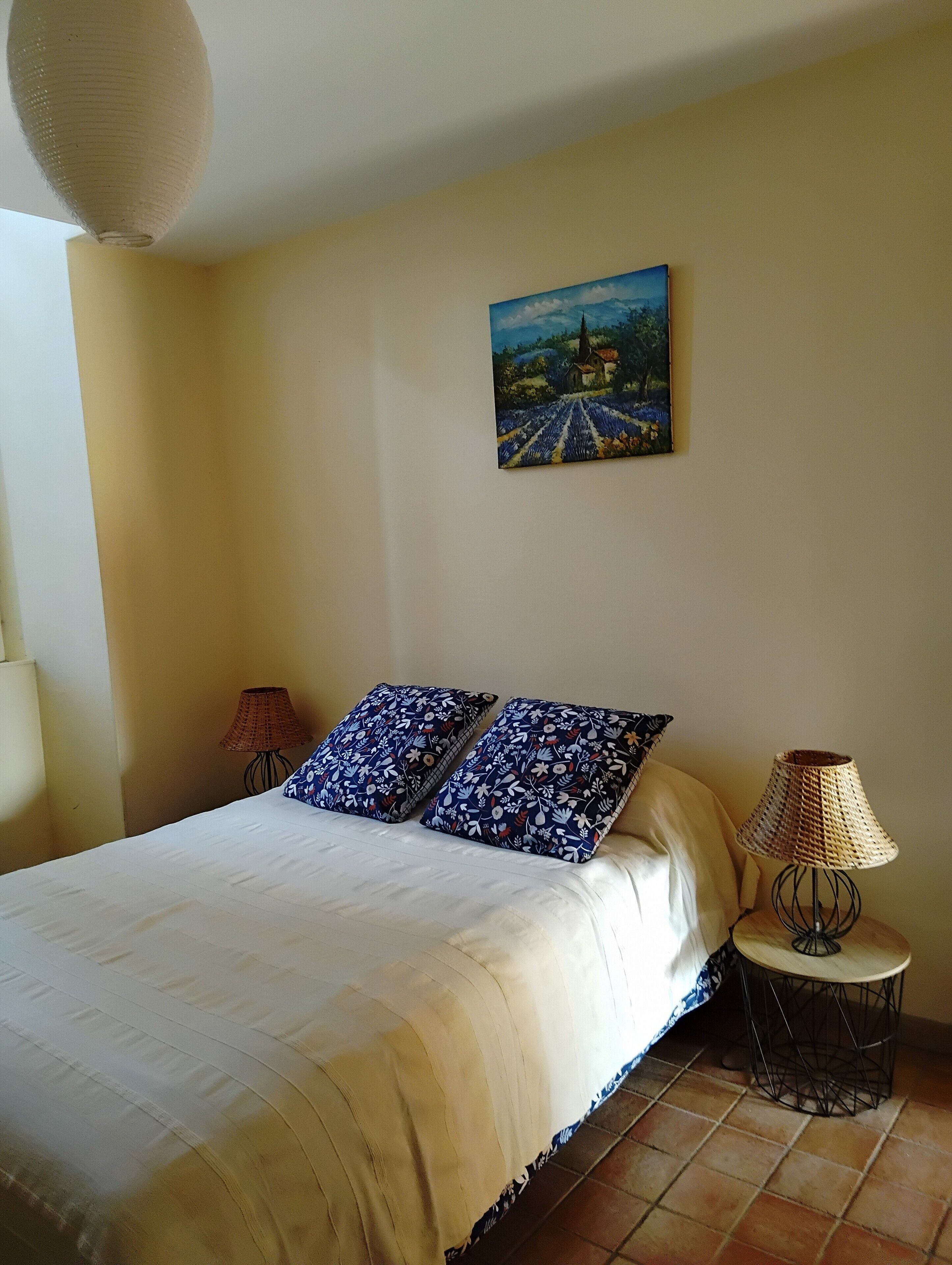 Een slaapkamer met een bed, twee kussens, een schilderij, een lamp en een klein tafeltje.