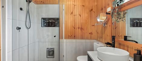 Hair dryer, towels, soap, shampoo