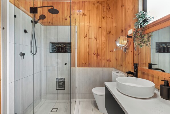 Hair dryer, towels, soap, shampoo