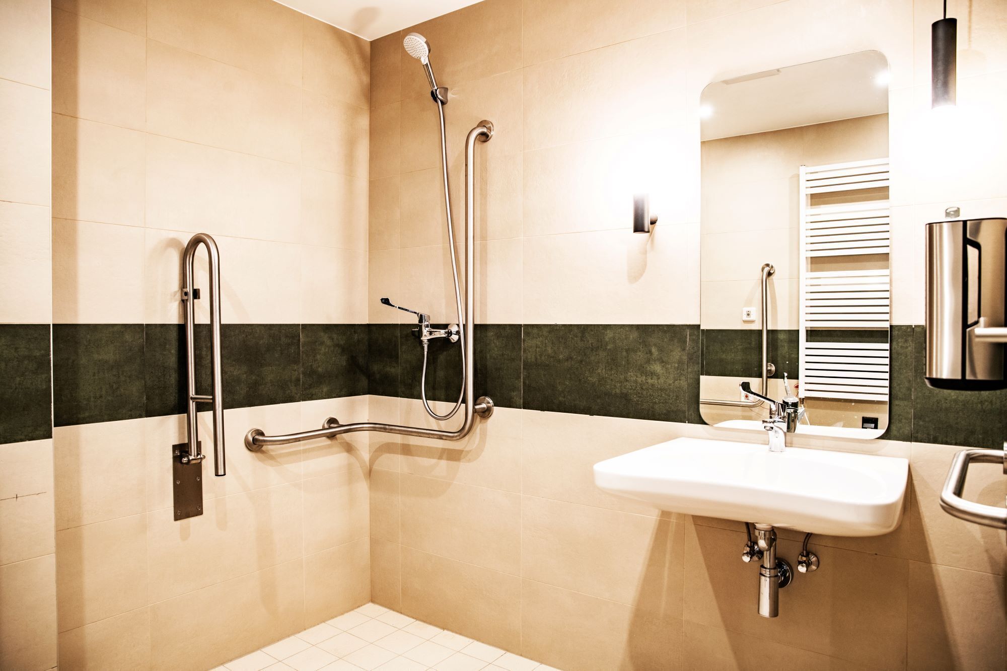 A modern bathroom with a shower, grab bars, a sink, and a mirror.