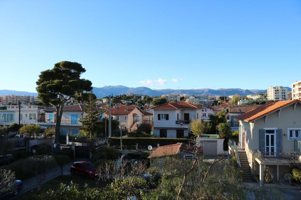 Un quartier résidentiel avec des maisons, un grand arbre et des montagnes en arrière-plan.