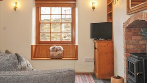 Une pièce chaleureuse avec une fenêtre en bois, un téléviseur posé sur un meuble, une cheminée et un canapé.