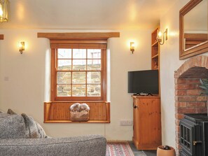 A cozy room with a wooden window, a television on a cabinet, a fireplace, and a sofa. - Jolly Crabber (St Austell)