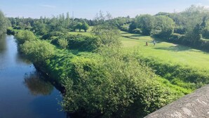 Une rivière bordée d’une végétation luxuriante et d’arbres, une zone herbeuse où se trouvent des personnes, et un ciel dégagé.