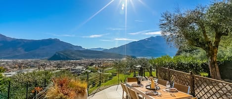 A patio with a table set for dining, surrounded by a fence and potted plants, overlooking a valley and mountains.