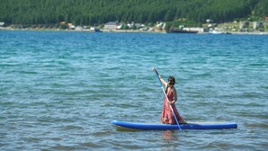 Una persona en una tabla de remo en un cuerpo de agua, con una orilla arbolada al fondo.