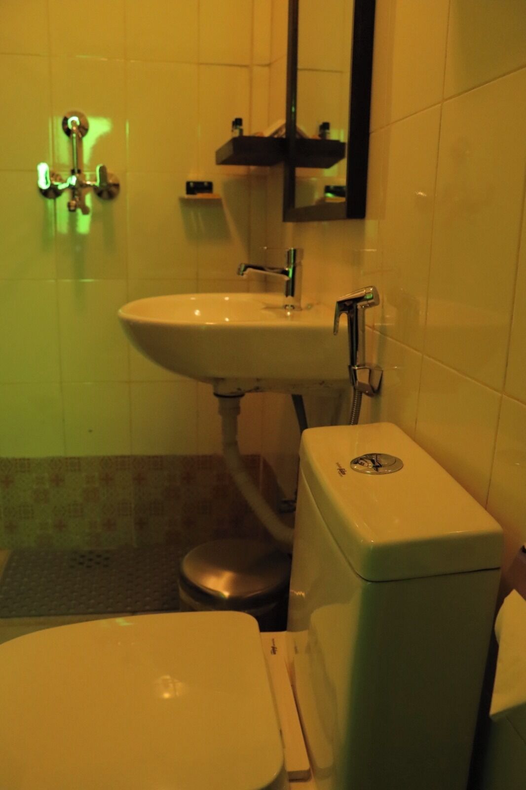 A bathroom with a toilet, sink, and mirror.