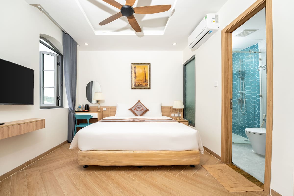 A hotel room with a bed, a desk, a television, a ceiling fan, and a bathroom with a shower and toilet.