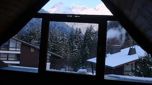 Ein dreieckiges Fenster mit Blick auf schneebedeckte Bäume und Berge.