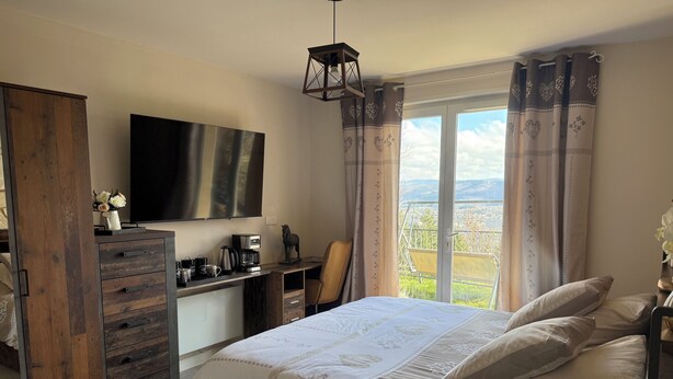 A bedroom with a bed, a desk, a TV, and a view of the outdoors. - Belle Vue Bed and Breakfast: Recharge Your Batteries in the Countryside. (Fraisses)