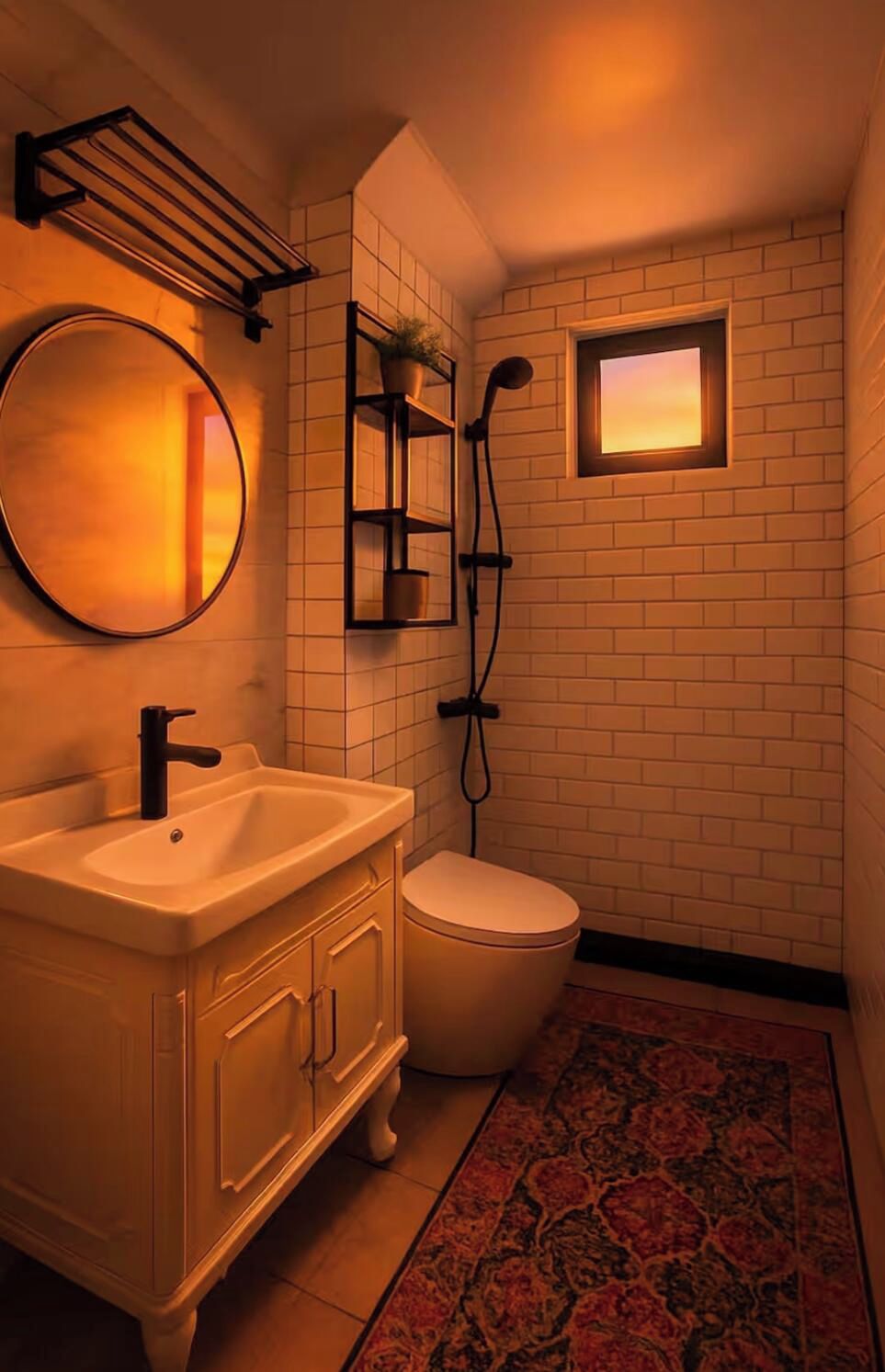 A bathroom with a white sink, a toilet, a mirror, and a shower.