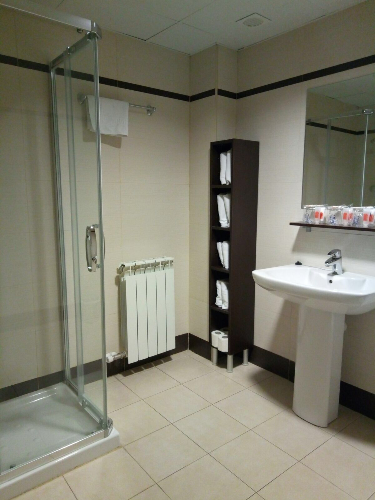 A bathroom with a glass shower enclosure, a white sink, a towel rack, and a towel storage cabinet.
