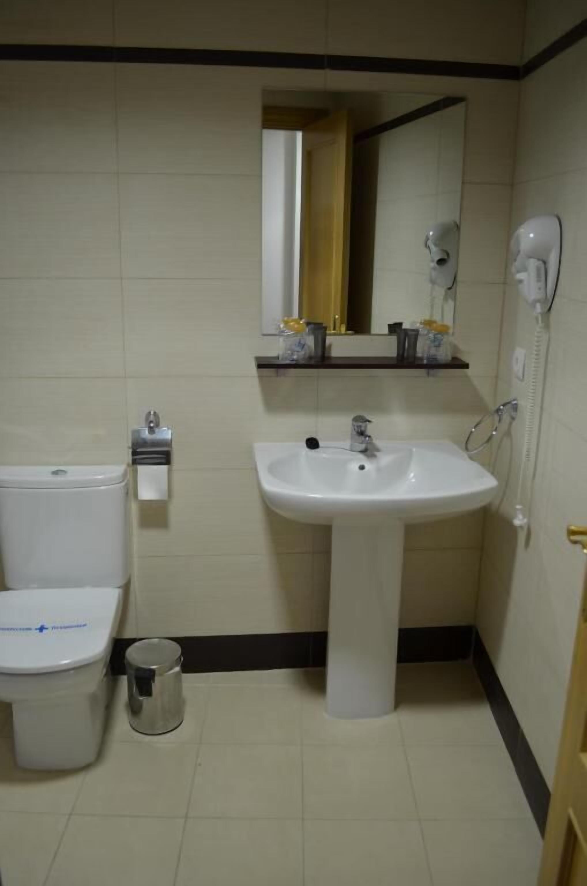 Une salle de bain avec des toilettes, un lavabo et un miroir.