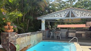 A swimming pool with a stone wall, a covered outdoor kitchen, and potted plants. - 5 minutes from National Forest and 8 of the best beaches / Natural Essence (Luquillo)