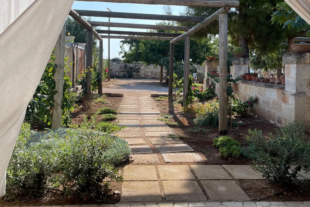 Un sentier de jardin couvert, agrémenté d’une pergola, de murs en pierre et de plantes en pot.