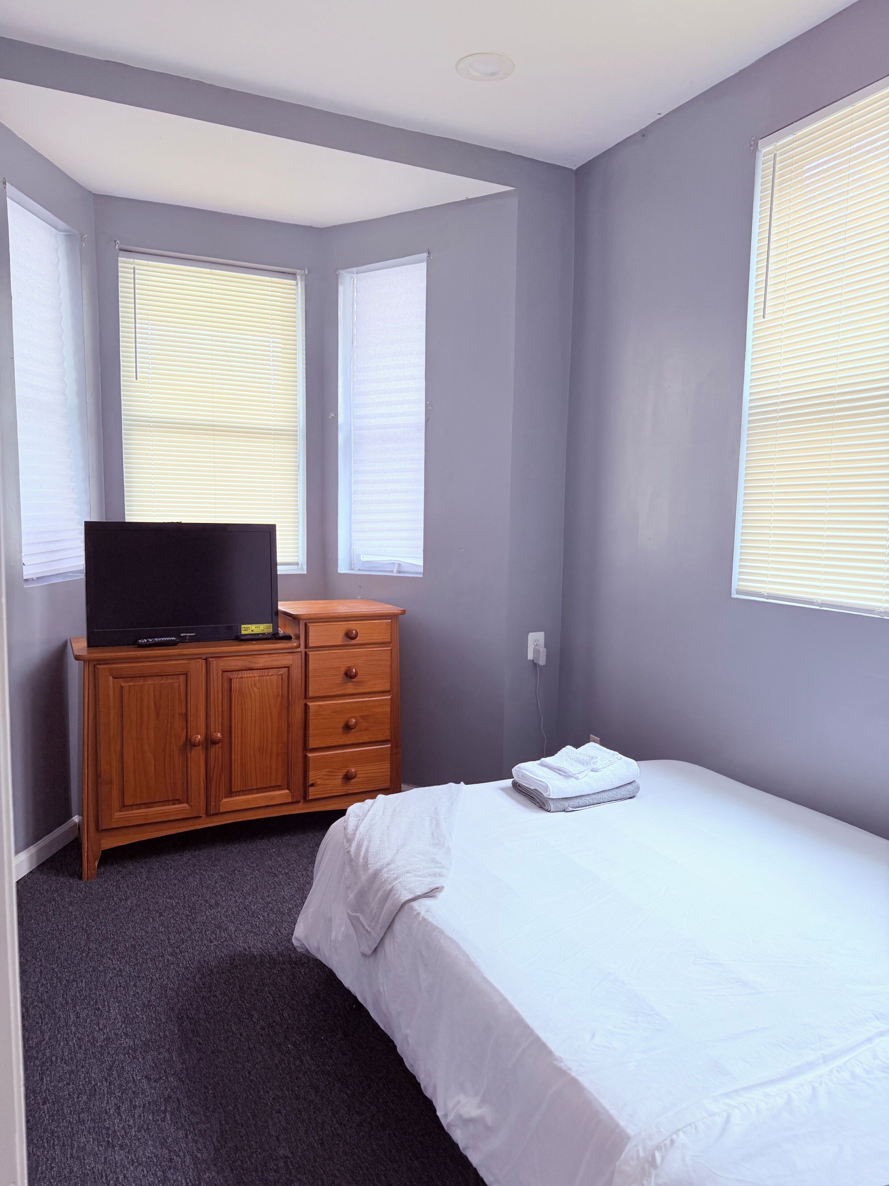 A bedroom with a bed, a TV on a wooden cabinet, and two windows with blinds.