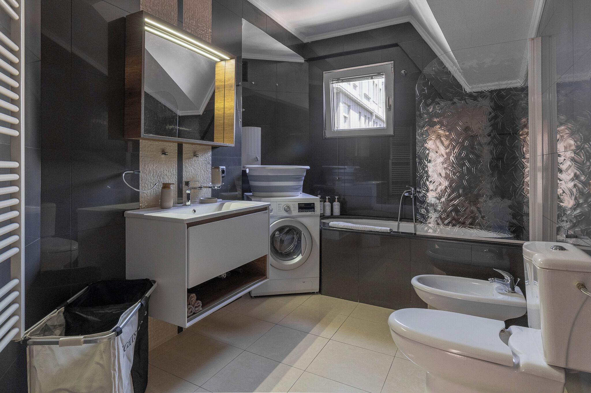 Hair dryer, bidet, towels, soap