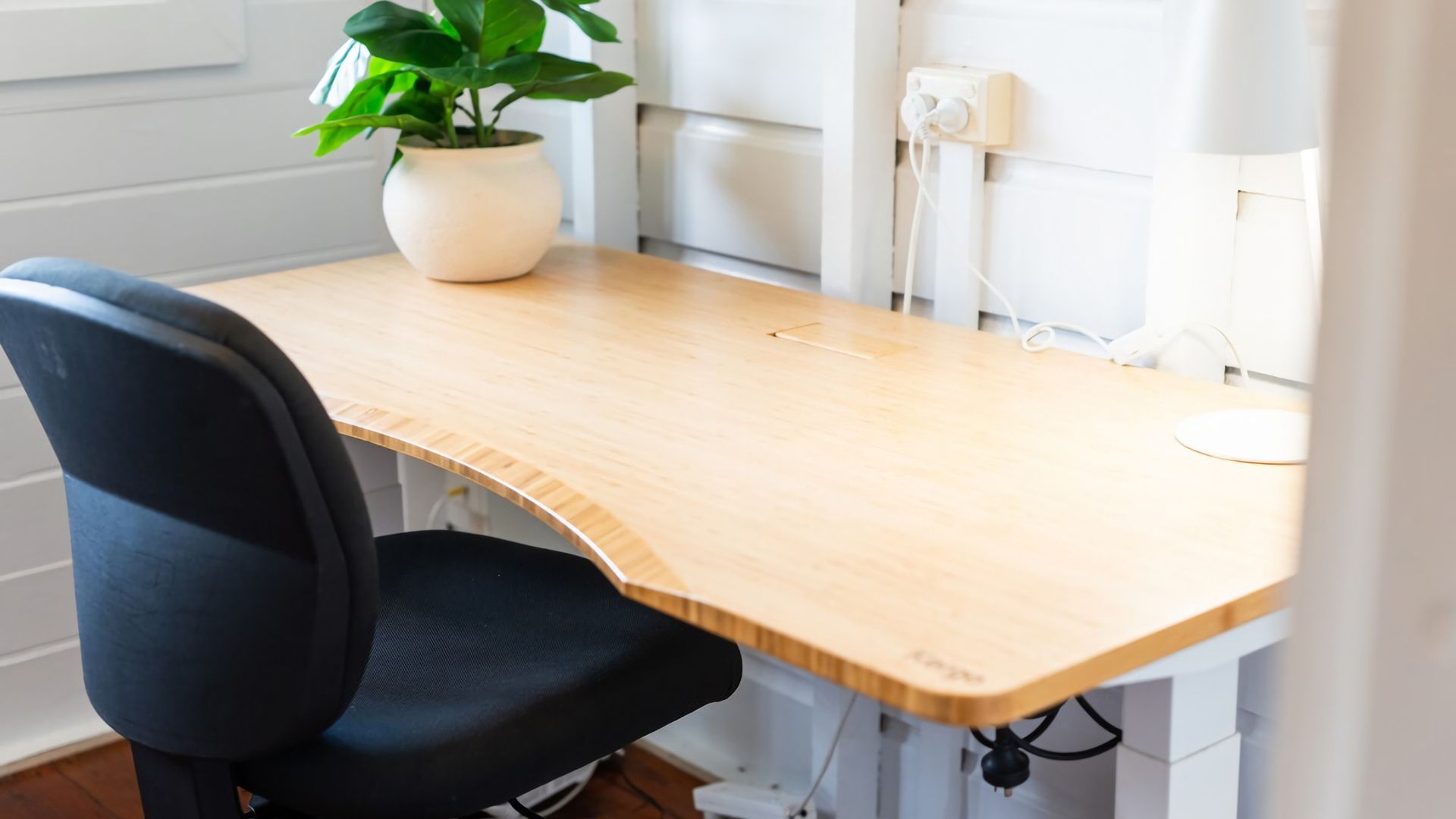Un bureau en bois, une chaise de bureau noire, une plante en pot et une prise électrique blanche.