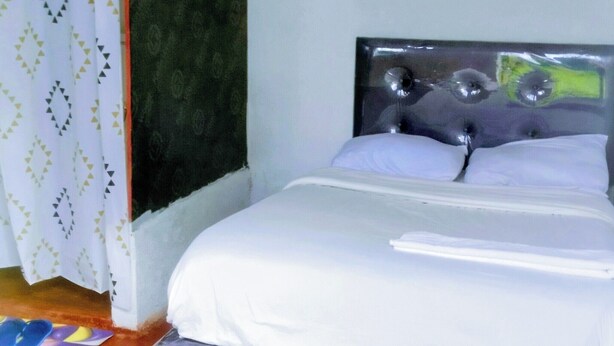 Een kamer met een bed, een gordijn, een schilderij en een rode vloer.