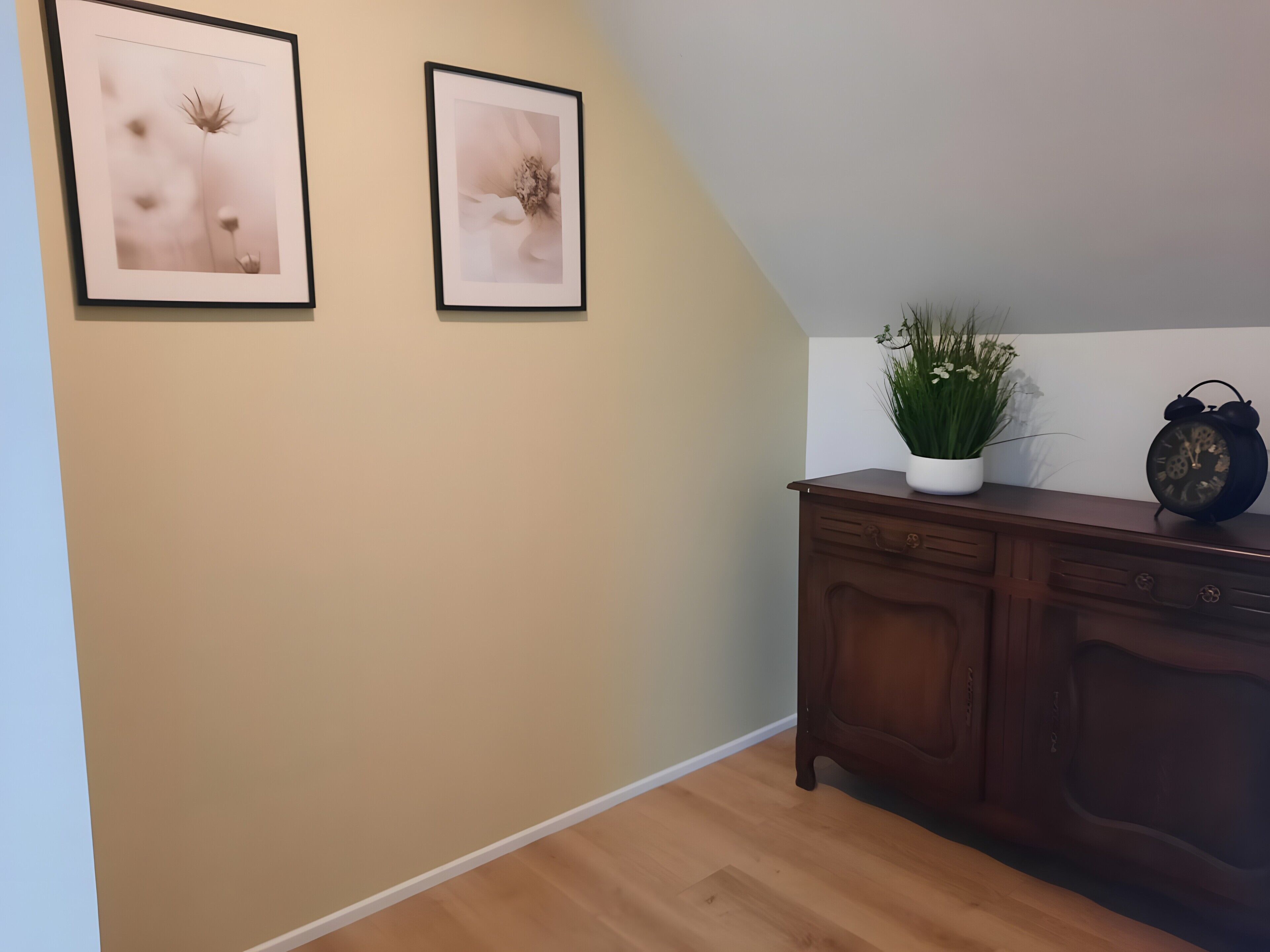 Un couloir avec deux tableaux encadrés accrochés au mur, une plante en pot, une horloge et un meuble en bois.
