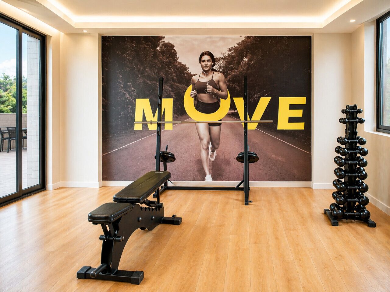A gym with a bench, dumbbells, and a poster with the word 'MOVE'.