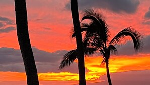 Una puesta de sol sobre el océano con palmeras recortadas contra el cielo.