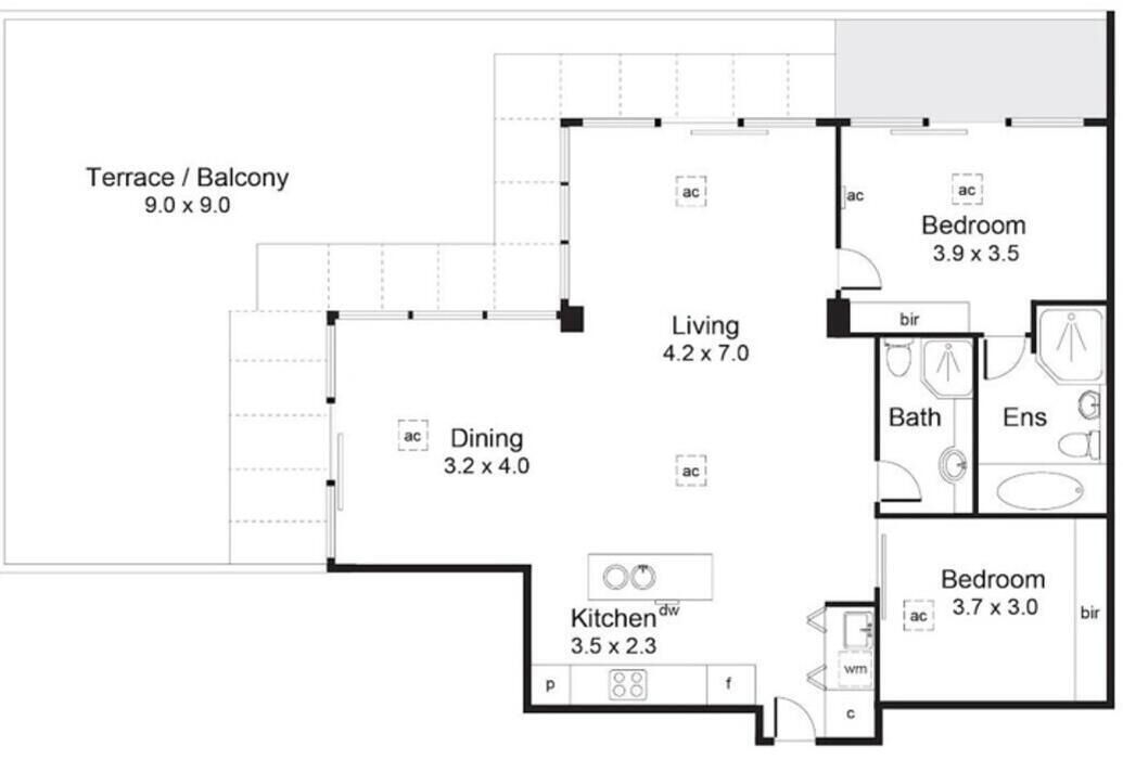 A floor plan with a terrace/balcony, living room, dining area, kitchen, two bedrooms, a bathroom, and an ensuite bathroom.