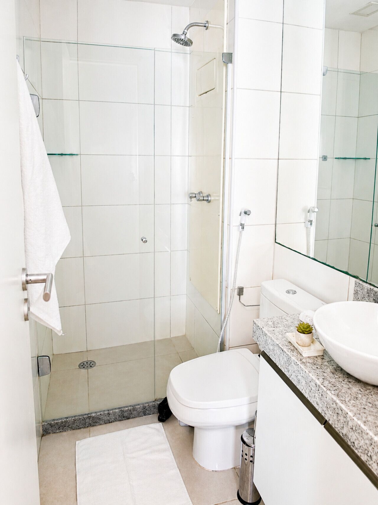 A modern bathroom with a glass shower enclosure, a white toilet, a marble countertop, and a small potted plant.