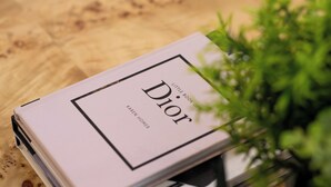 Ein Buch mit dem Titel 'Dior Little Book' auf einer Holzoberfläche, neben dem ein Blumentopf steht.