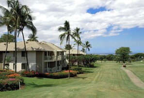 Un campo de golf con un edificio de varios pisos y balcones, rodeado de palmeras y un cielo despejado.