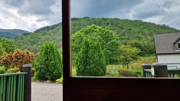 A view through a window of a house with a garden, a large tree, and a mountain in the background.