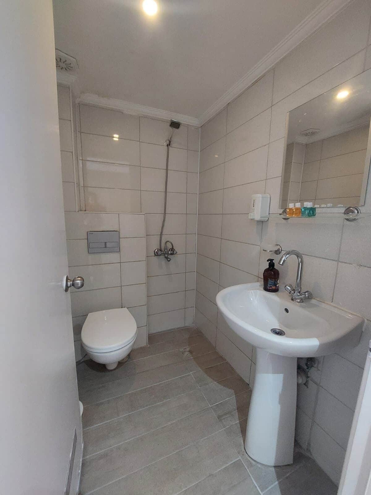 A bathroom with a toilet, a shower, and a sink.