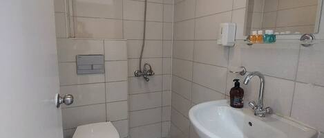 A bathroom with a toilet, a shower, and a sink.