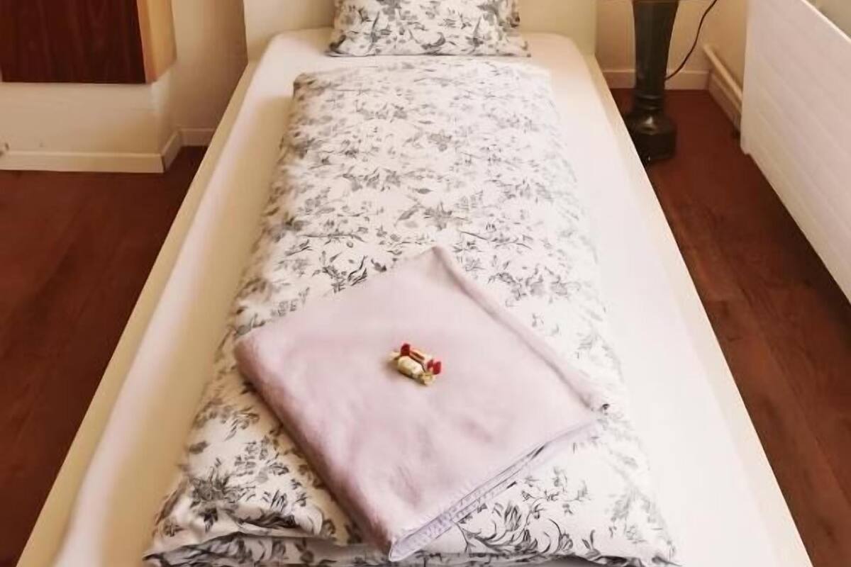 A single bed with floral bedding, a bedside lamp, a fan, and a framed artwork on the wall.