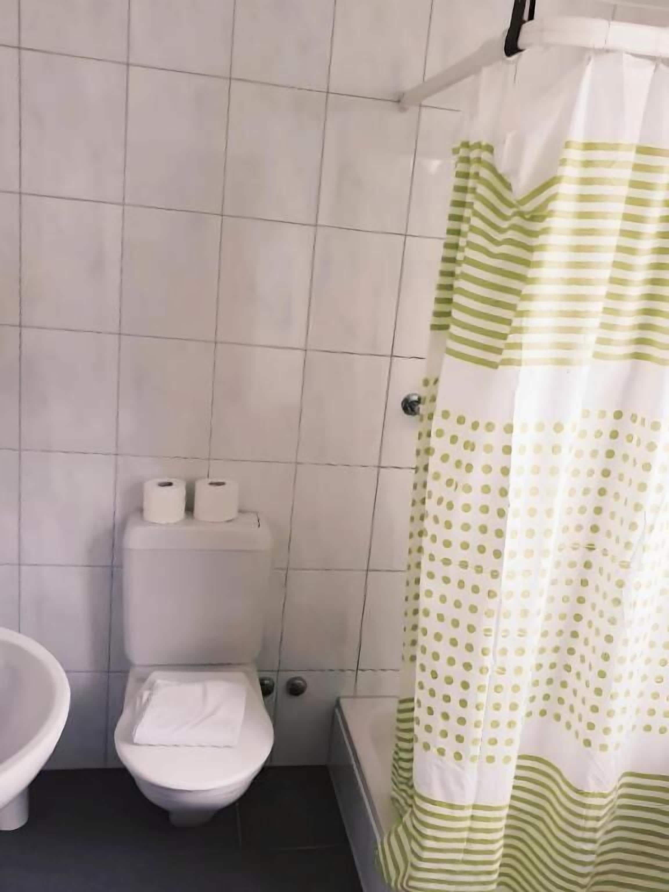 A bathroom with a toilet, a bidet, and a shower curtain with a green and white pattern.