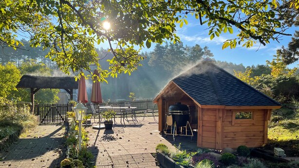 A wooden gazebo, a barbecue area, and a brick patio with potted plants.
