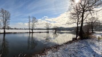 A serene winter landscape with a calm lake, snow-covered ground, and leafless trees.