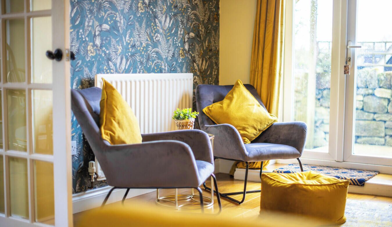 Une pièce avec deux fauteuils, un radiateur, une fenêtre avec des rideaux et une petite plante posée sur le rebord de la fenêtre.